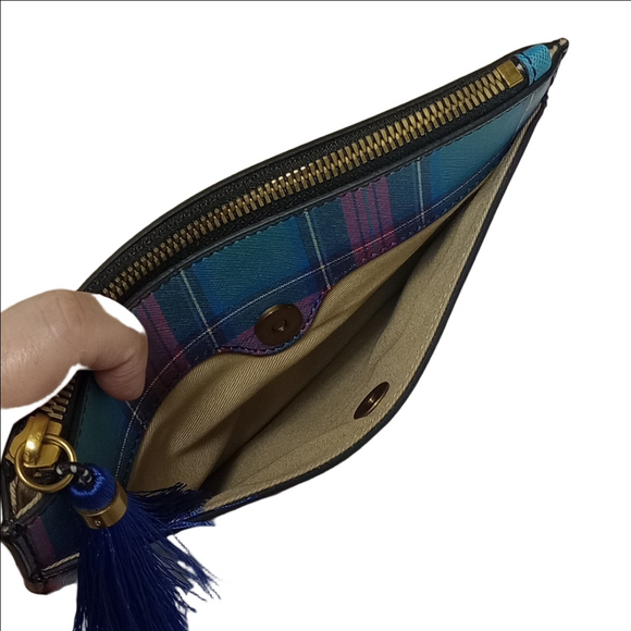 J.CREW BLUE & PINK PLAID ENVELOPE LEATHER CLUTCH WITH TASSEL - Picture 5 of 12